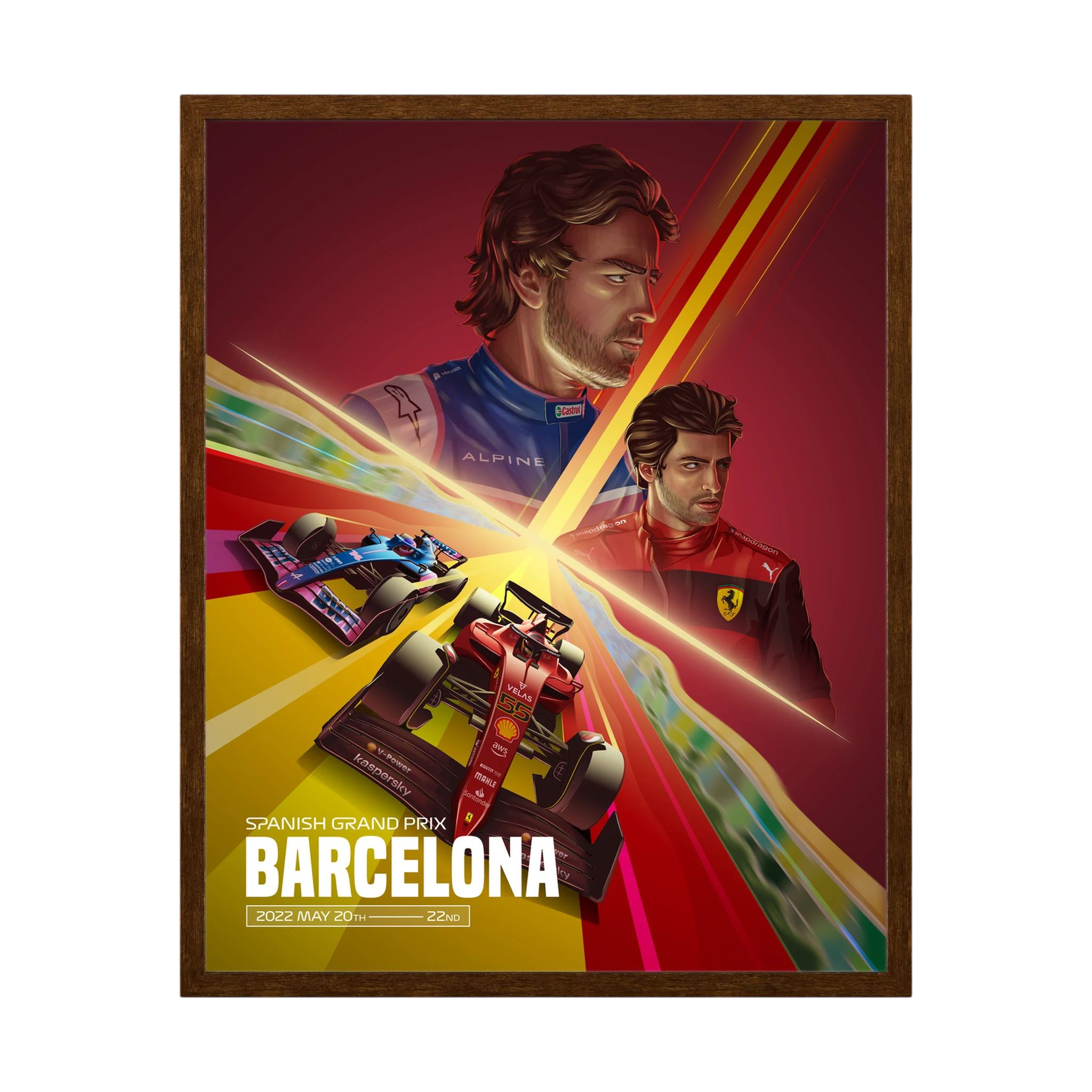 Illustrated Formula One drivers and red and blue racing cars on a Barcelona Grand Prix poster, shown in product view 5.