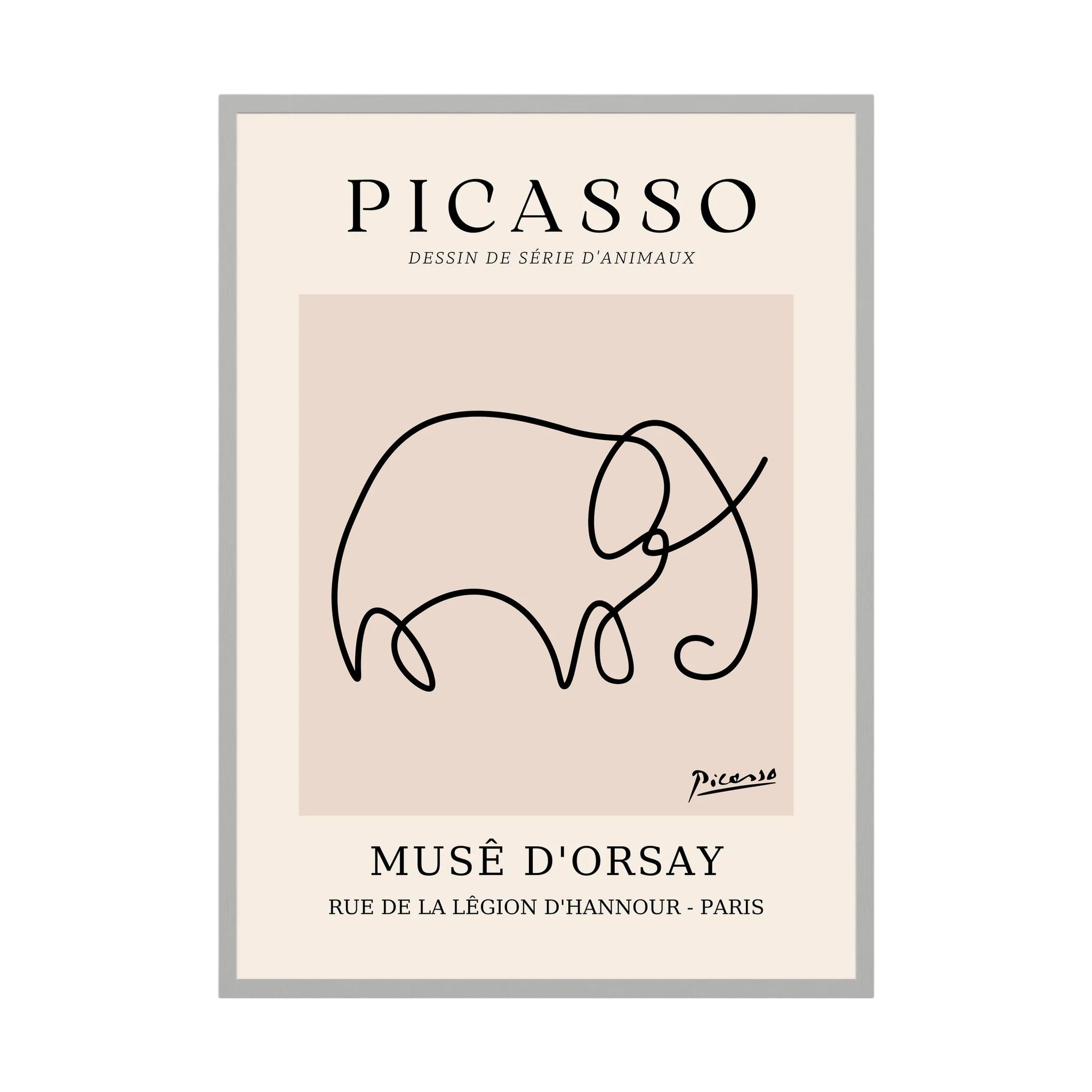 Single flowing black line forms an elephant on a warm beige museum-style poster, shown in product view 2.