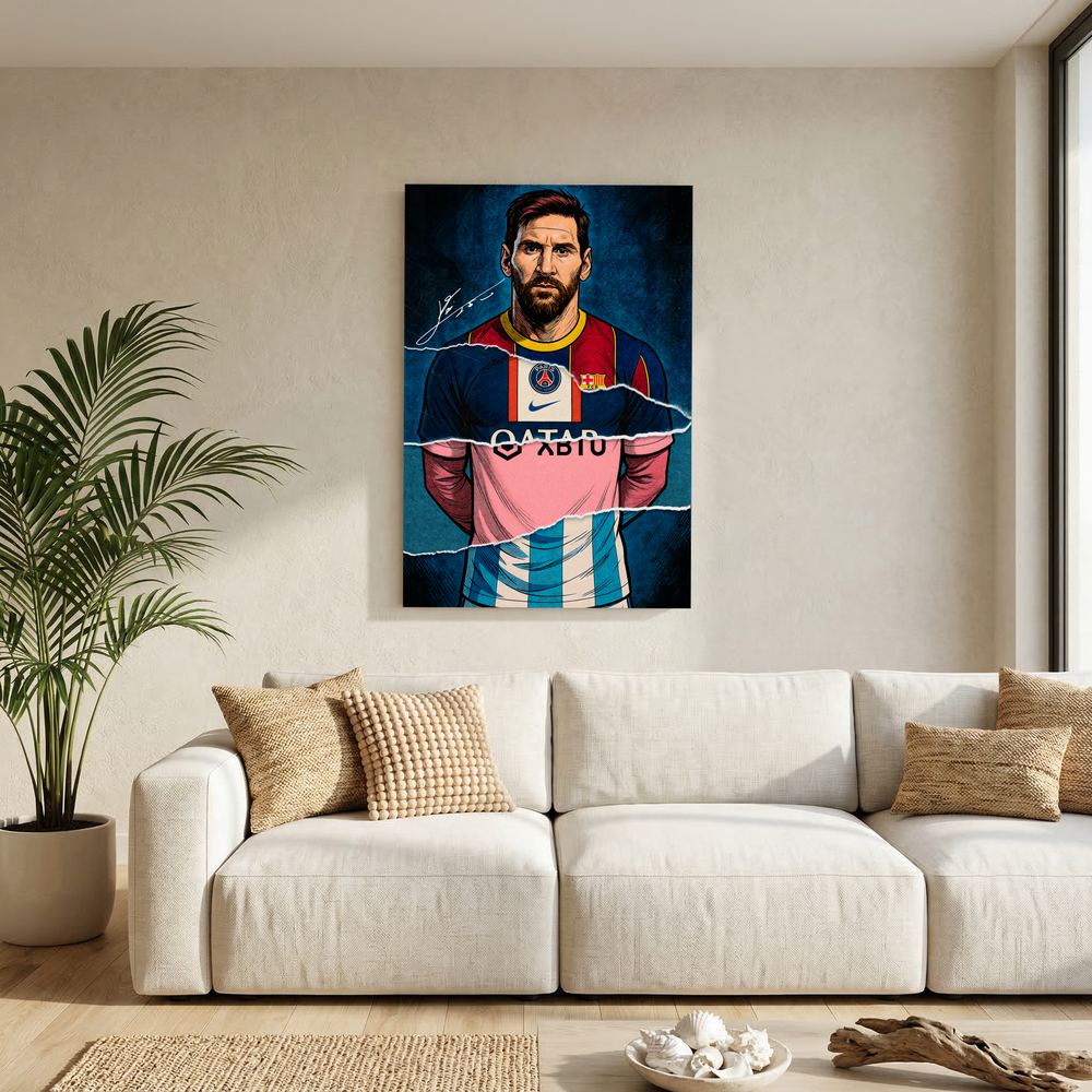 Alternative size view of football portrait with navy, red, pink and sky-blue torn-paper layers, shown unframed.