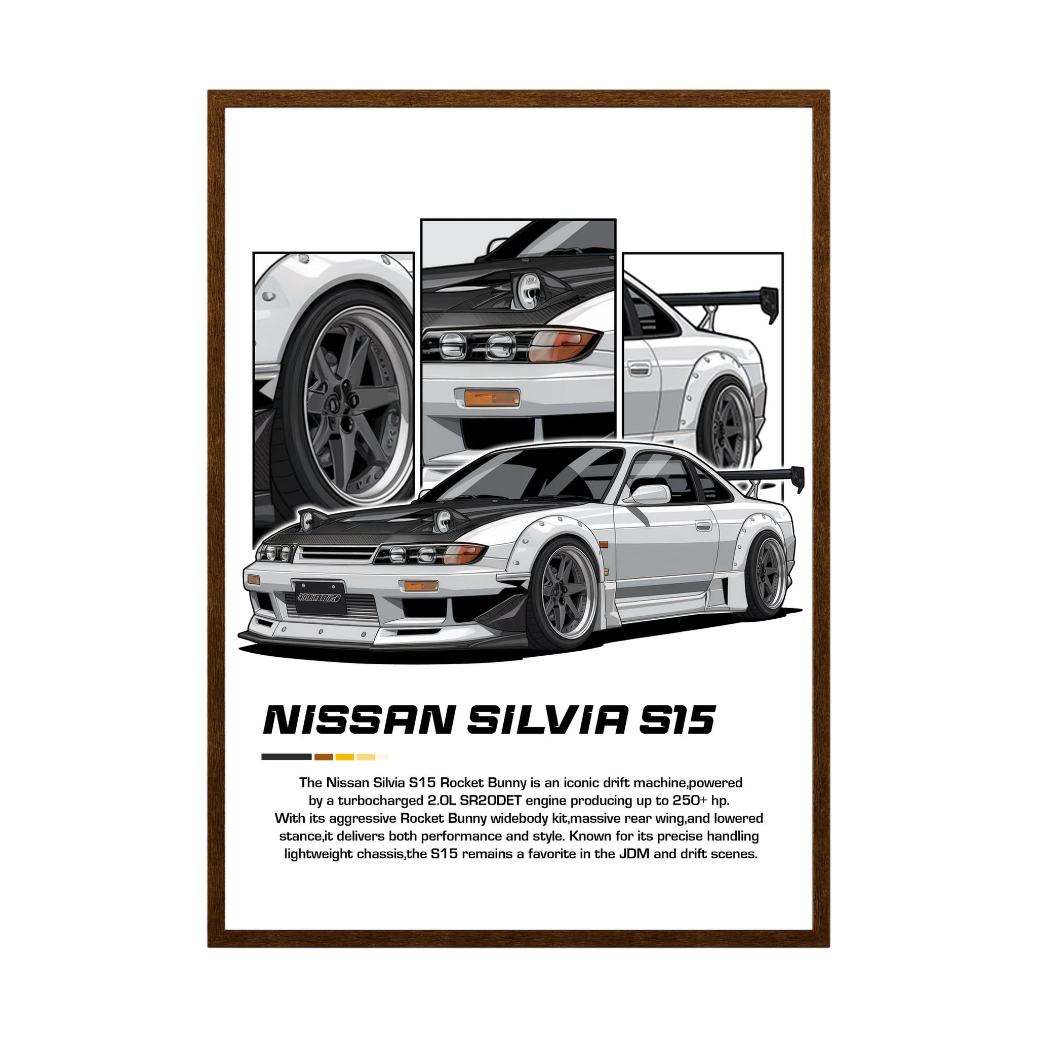Silver Nissan Silvia S15 illustration with detailed wheel, front and rear body panels.