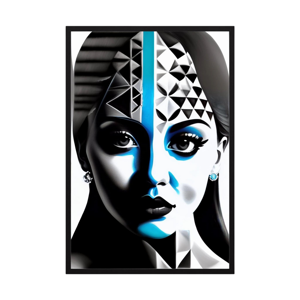 Stylised female face divided into black and white planes with cool blue accents and geometric details, shown in product view 3.