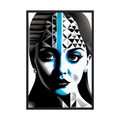 Stylised female face divided into black and white planes with cool blue accents and geometric details, shown in product view 3.