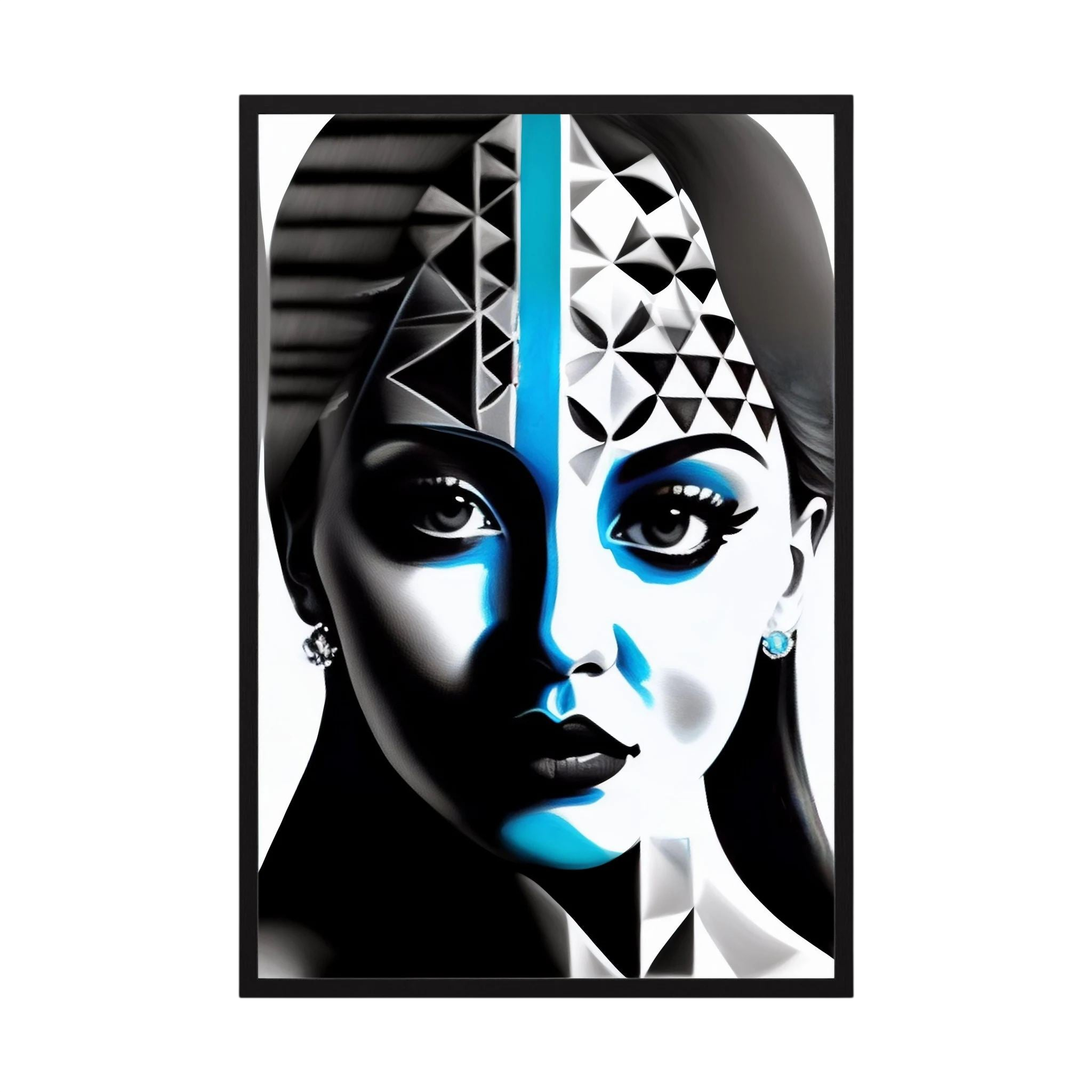 Stylised female face divided into black and white planes with cool blue accents and geometric details, shown in product view 3.