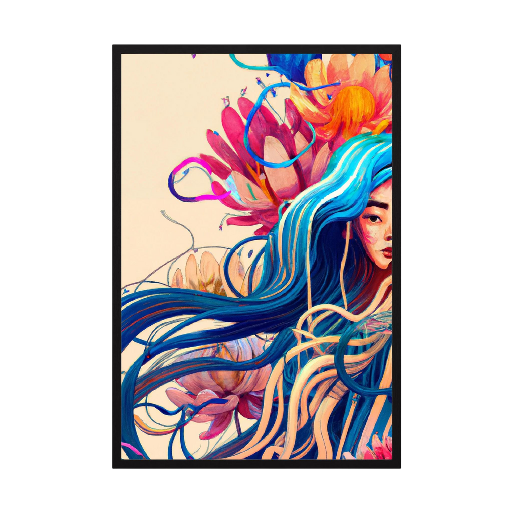 Illustrated woman with long flowing blue hair surrounded by coral and pink botanical forms, shown in product view 3.