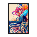 Illustrated woman with long flowing blue hair surrounded by coral and pink botanical forms, shown in product view 3.