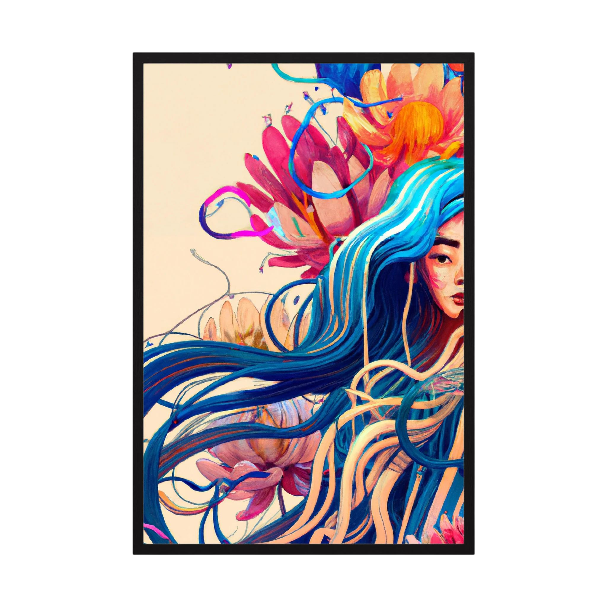 Illustrated woman with long flowing blue hair surrounded by coral and pink botanical forms, shown in product view 3.