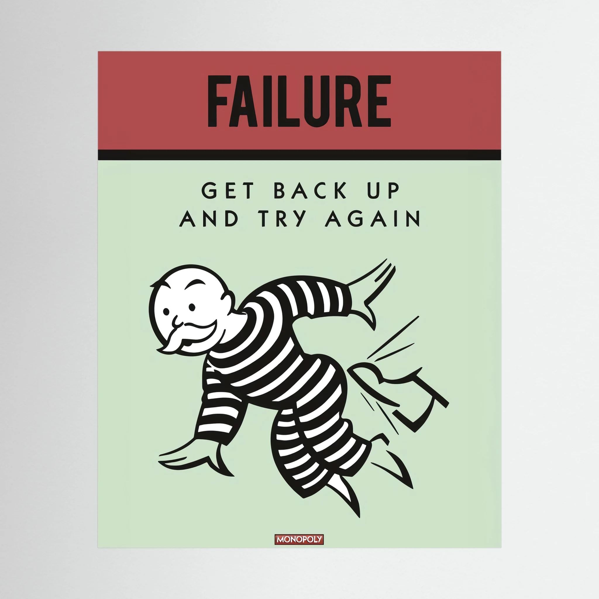Retro poster reading failure get back up and try again with a striped cartoon figure, shown in product view 2.