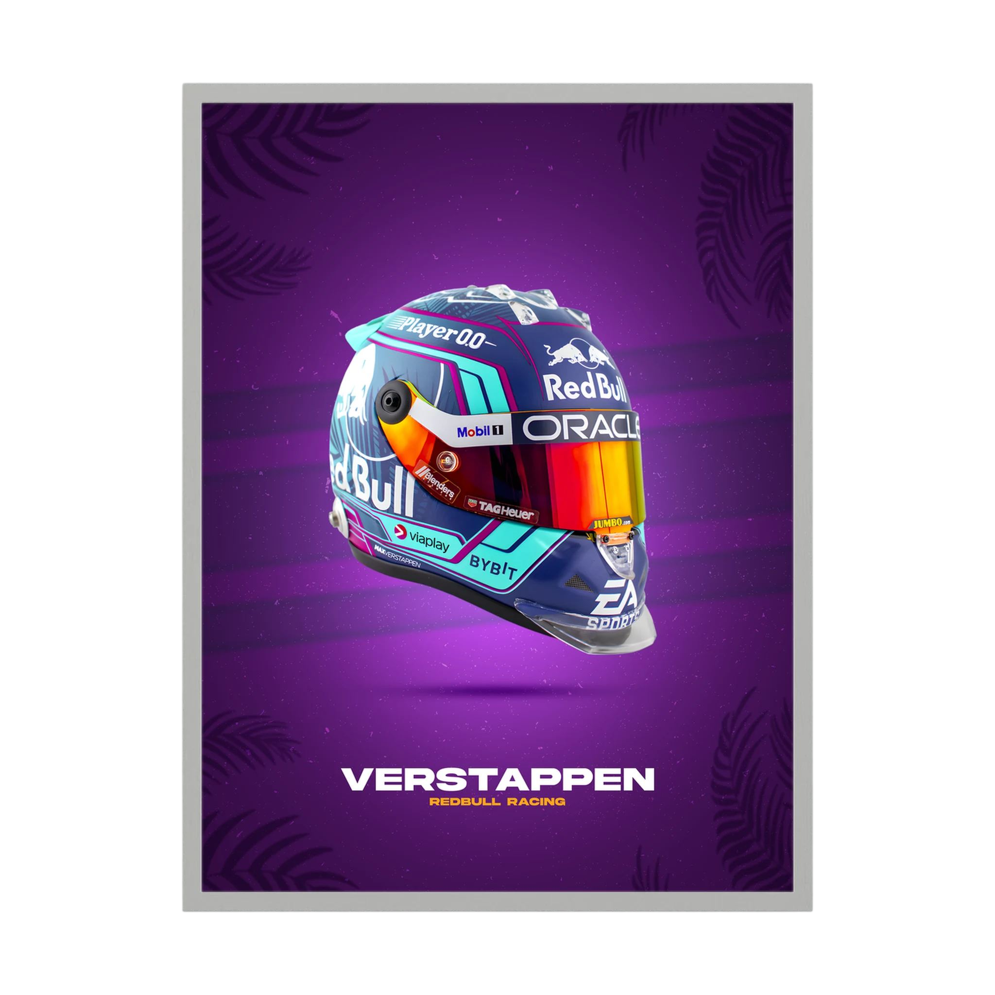 Purple and multicolour Verstappen racing helmet poster on a violet background.