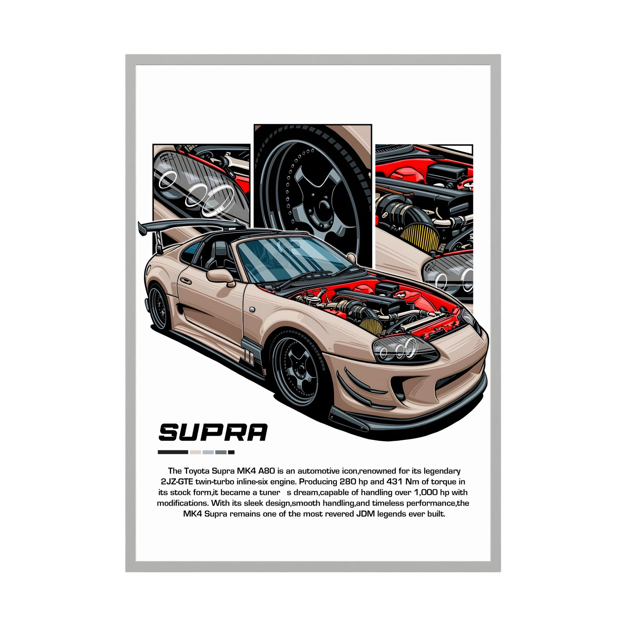 Beige Toyota Supra MK4 illustration with exposed engine and close-up component panels.