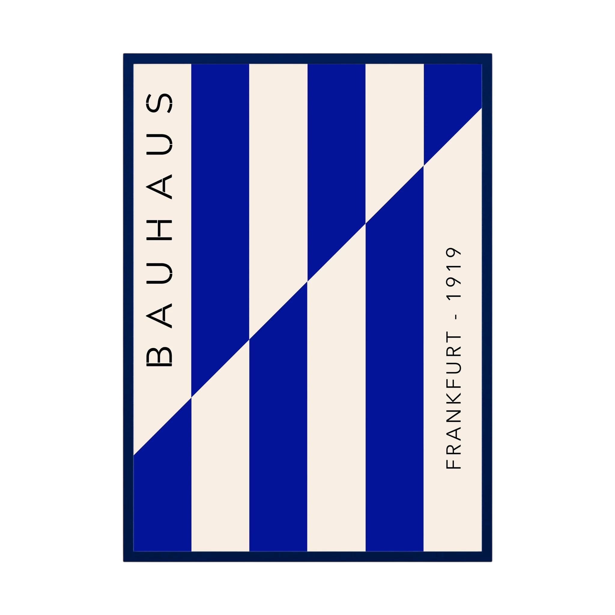Blue and cream Bauhaus poster with diagonal striped geometric design.
