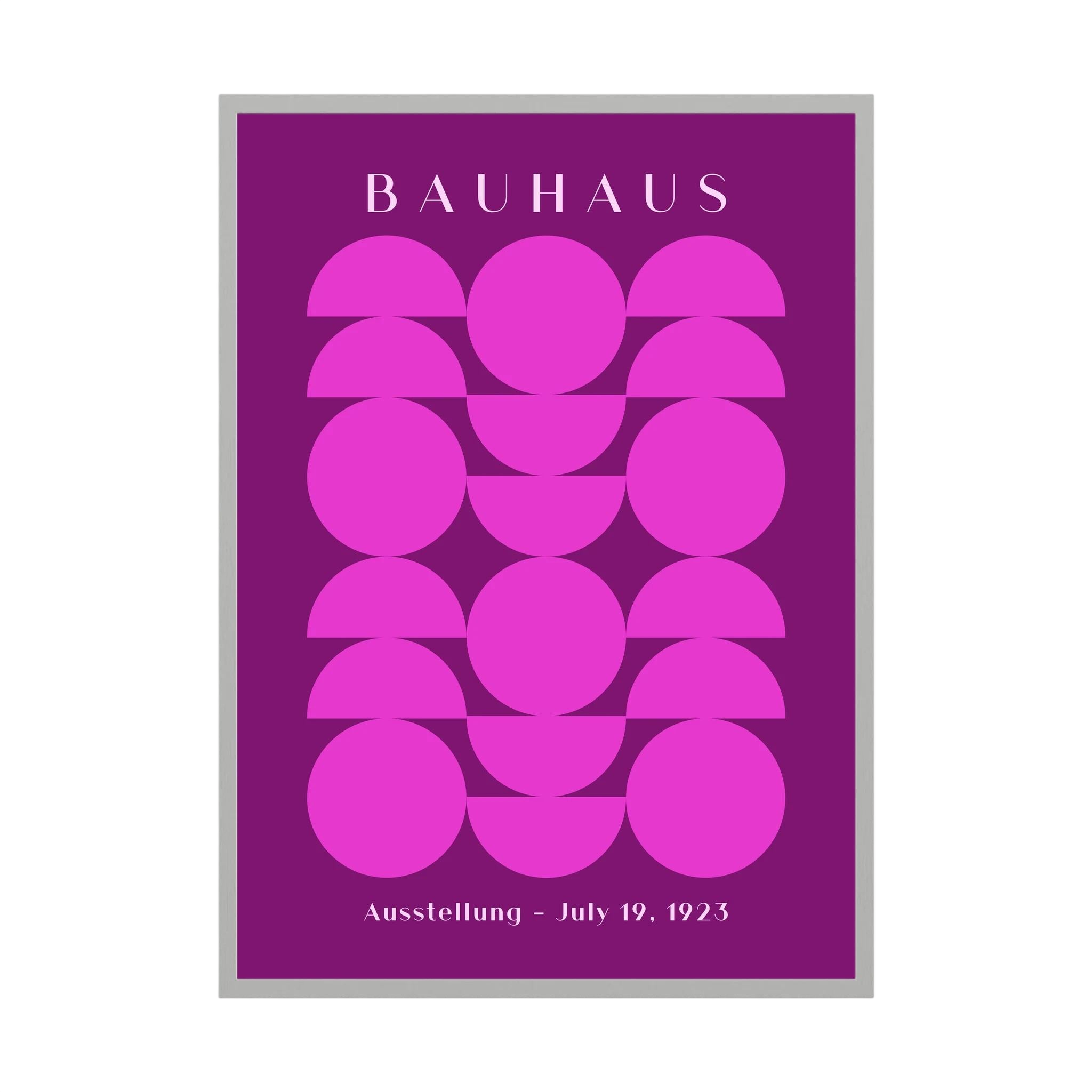 Purple Bauhaus poster with repeated pink circles and semicircles.