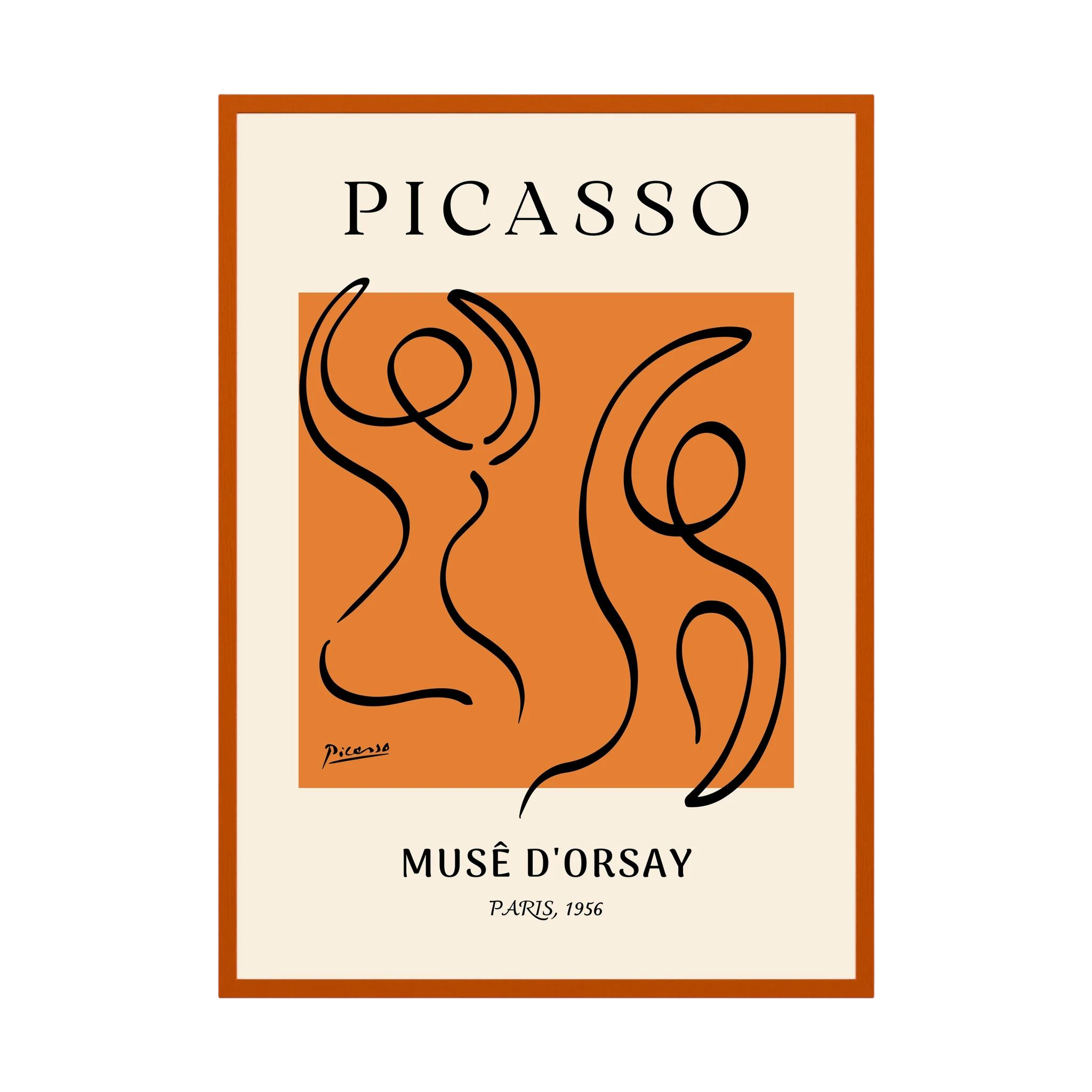 Two fluid black line figures dance across a vivid orange field within a cream museum-style poster, shown in product view 2.