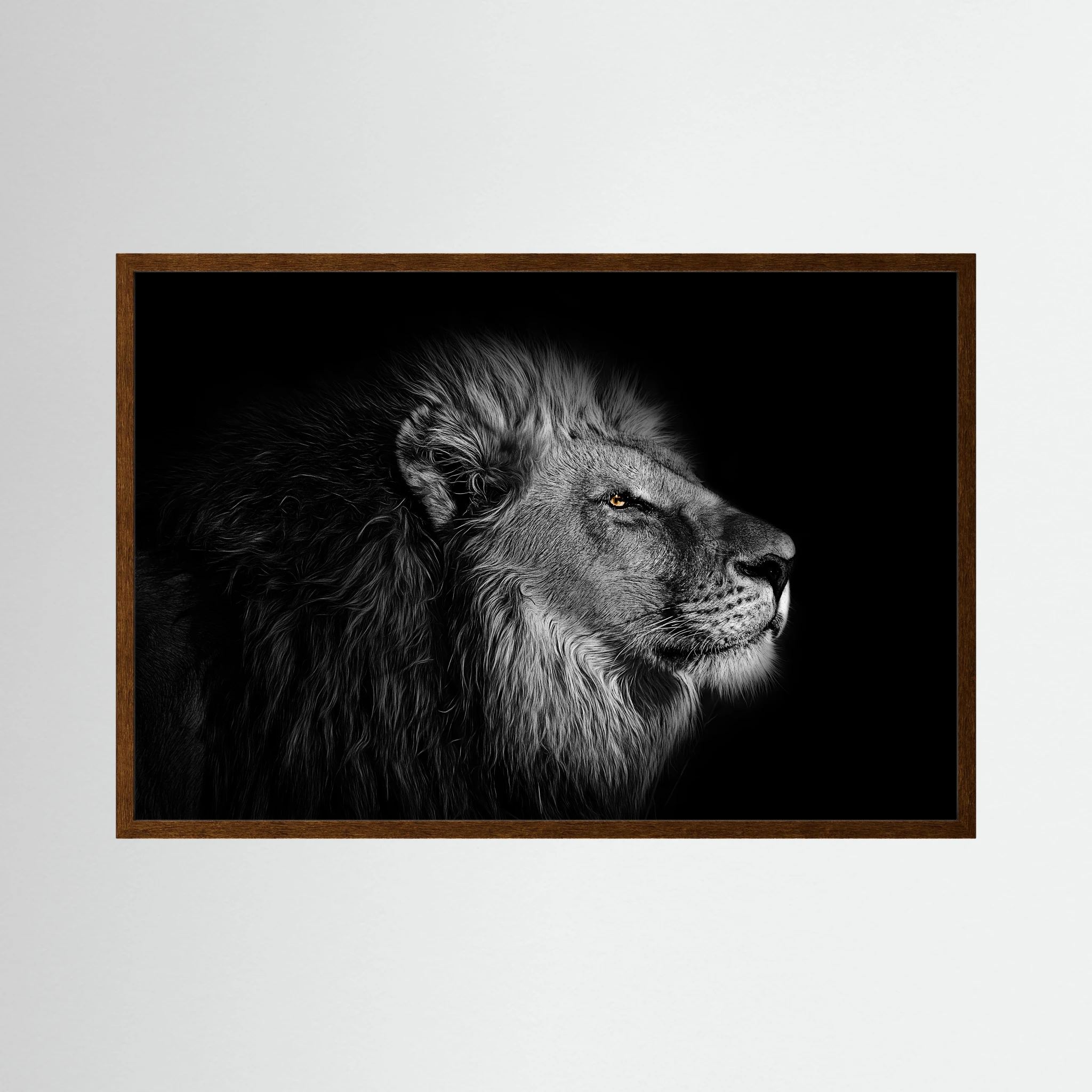 Detailed black and white lion profile emerges from a dark background with one warm golden eye, shown in product view 2.