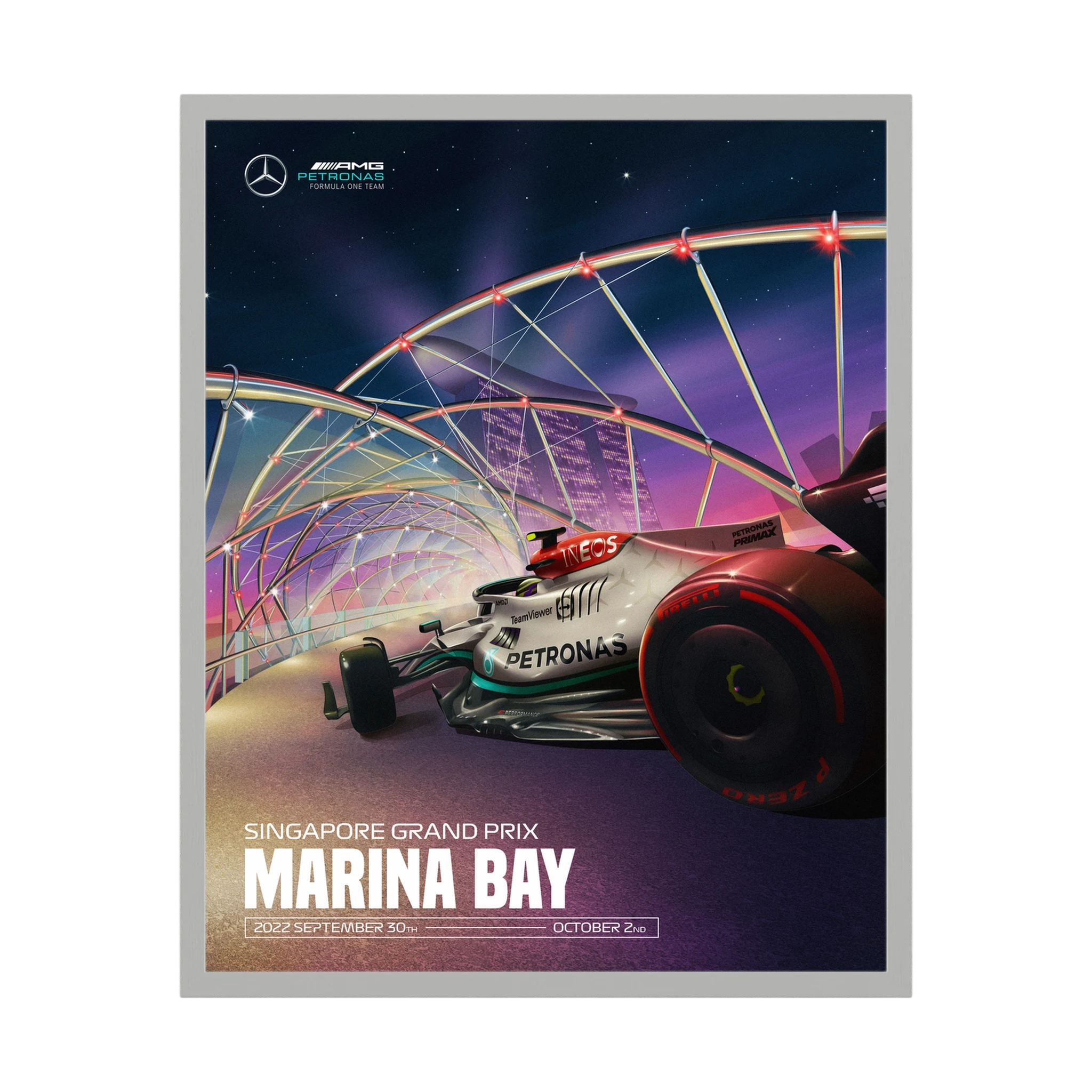 Mercedes Formula One car beneath illuminated Marina Bay architecture at the Singapore Grand Prix, shown in product view 4.