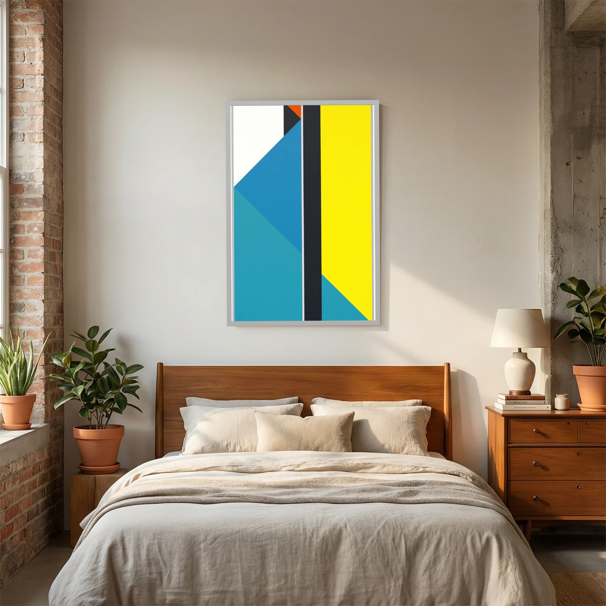 Blue and turquoise diagonal planes meet a vivid yellow field divided by a strong black stripe, shown in product view 7.