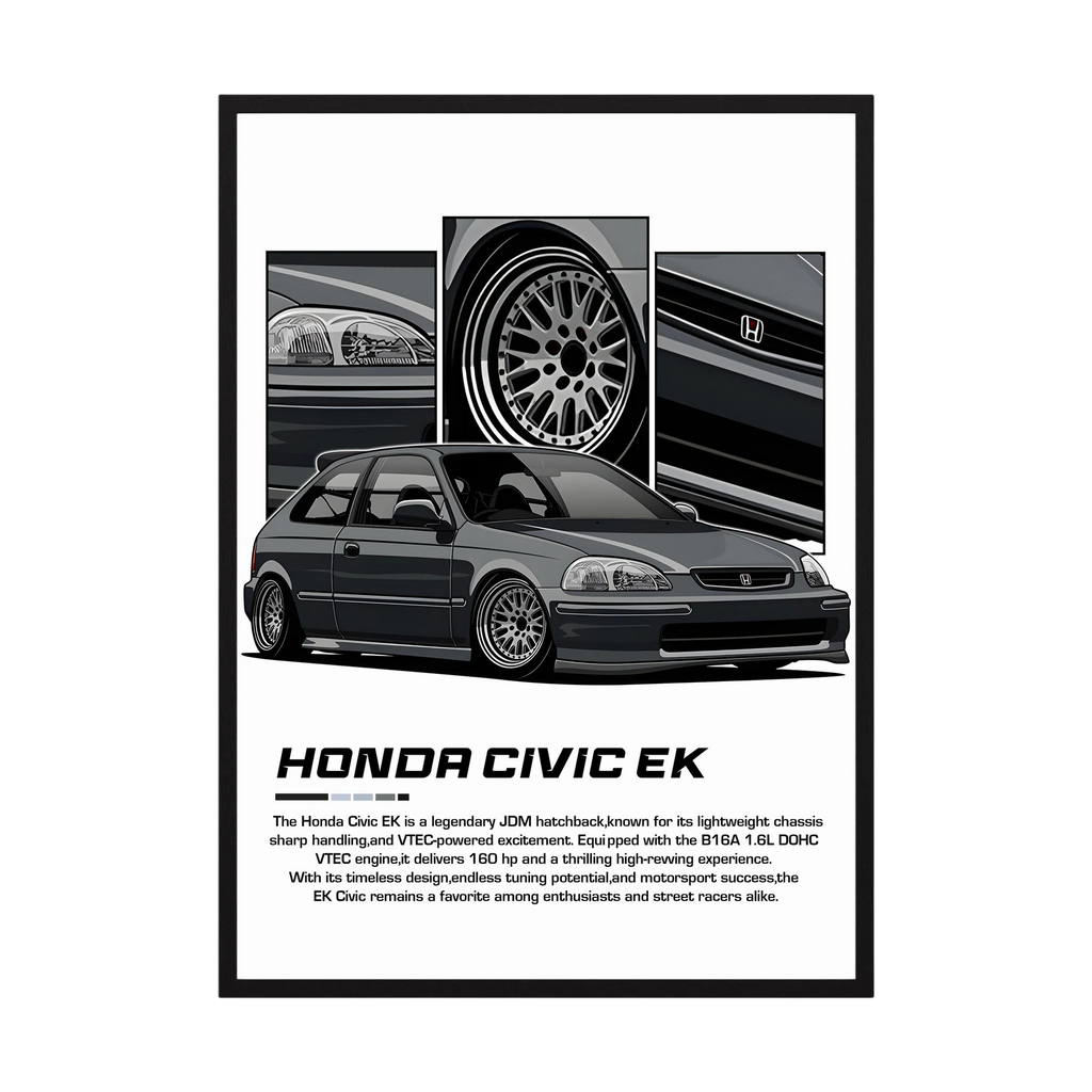 Grey Honda Civic EK illustration with close-up panels of headlights, wheel and grille.