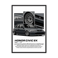 Grey Honda Civic EK illustration with close-up panels of headlights, wheel and grille.