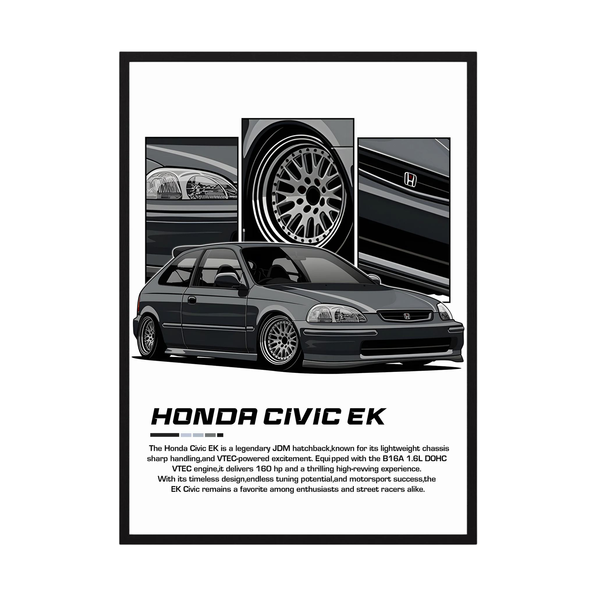 Grey Honda Civic EK illustration with close-up panels of headlights, wheel and grille.