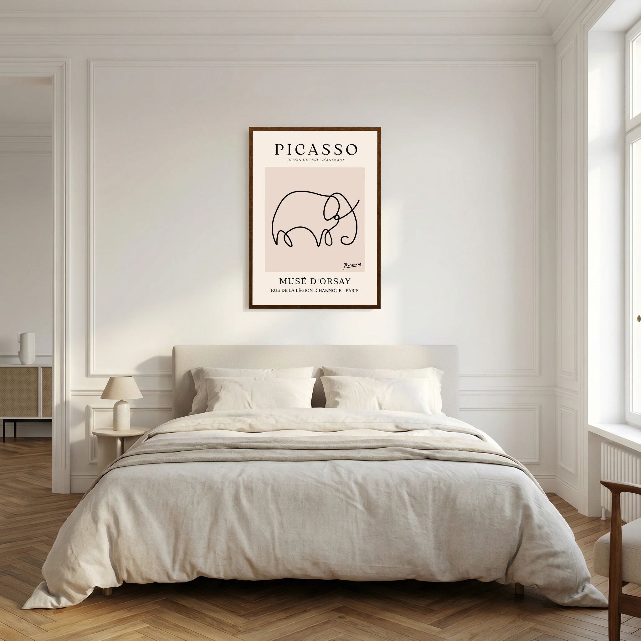 Single flowing black line forms an elephant on a warm beige museum-style poster, shown in product view 6.