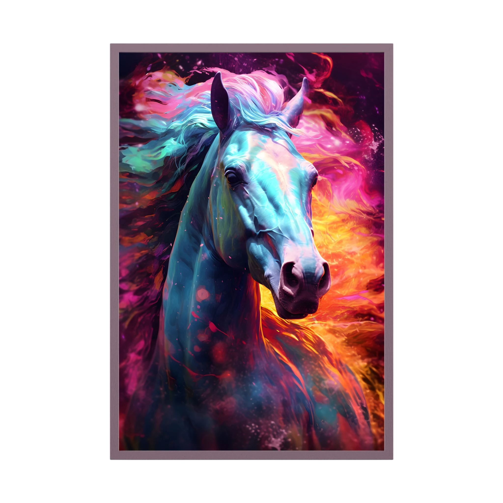 Colourful white horse portrait with blue, pink and orange painterly light.