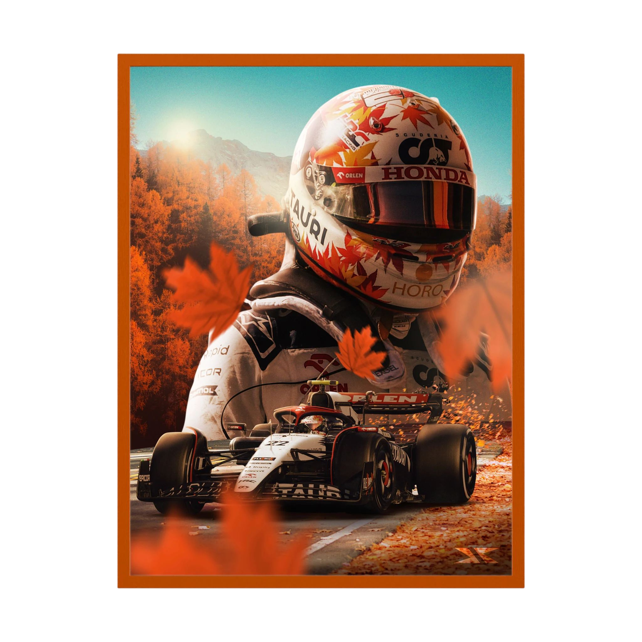 Helmeted Formula One driver and racing car surrounded by orange autumn colour.