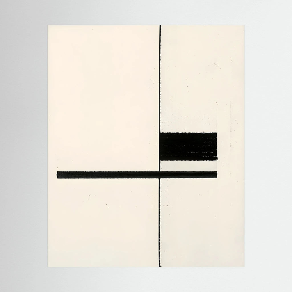 Minimal black lines and rectangular forms arranged on a warm cream background.