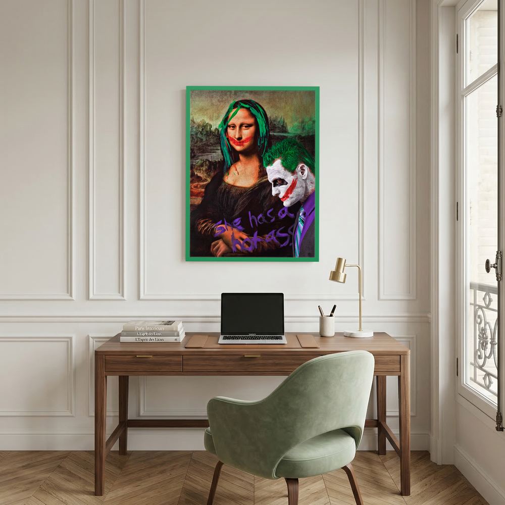 Alternative size view of classical pop art portrait with green hair and painted red smiles, shown in a white wooden frame.