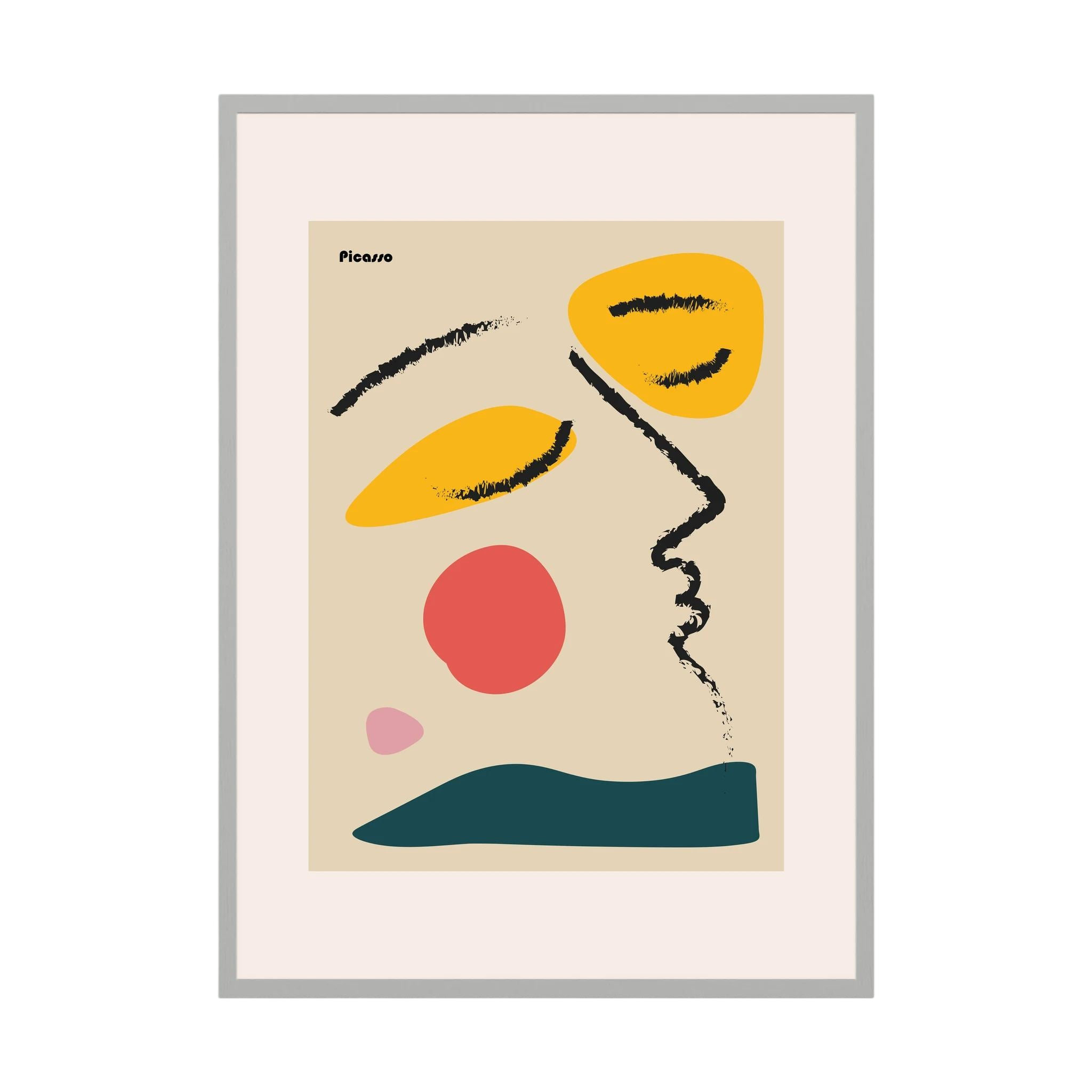 Black brush lines trace a side profile among orange, yellow, coral, pink and deep teal shapes, shown in product view 4.