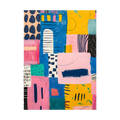Colourful patchwork abstract in blue, pink, yellow and green.