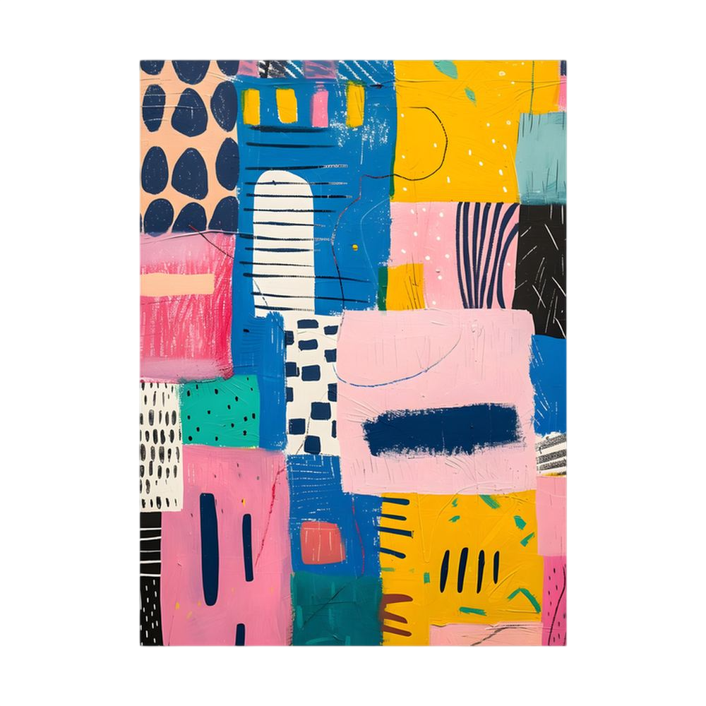 Colourful patchwork abstract in blue, pink, yellow and green.