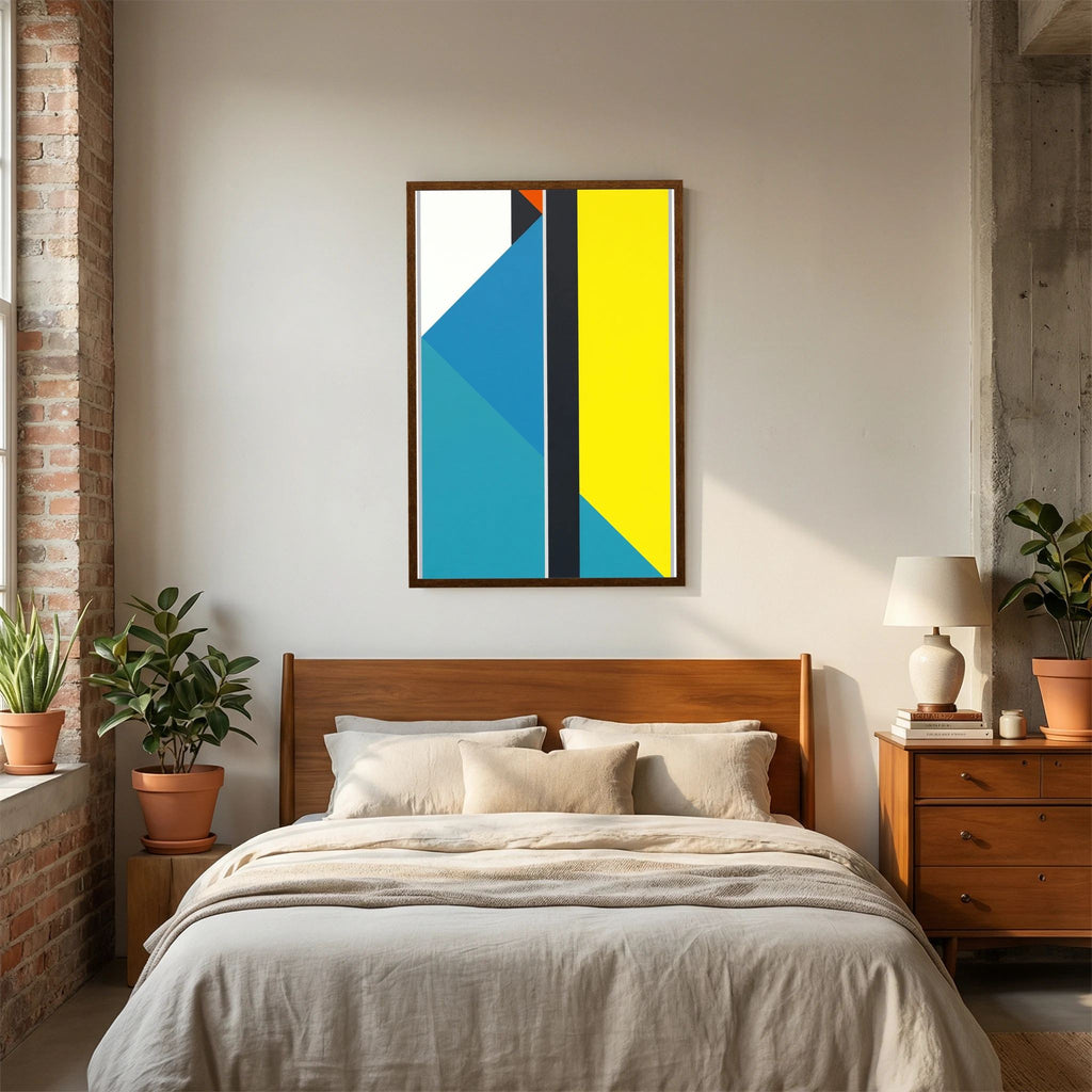 Blue and turquoise diagonal planes meet a vivid yellow field divided by a strong black stripe, shown in product view 6.