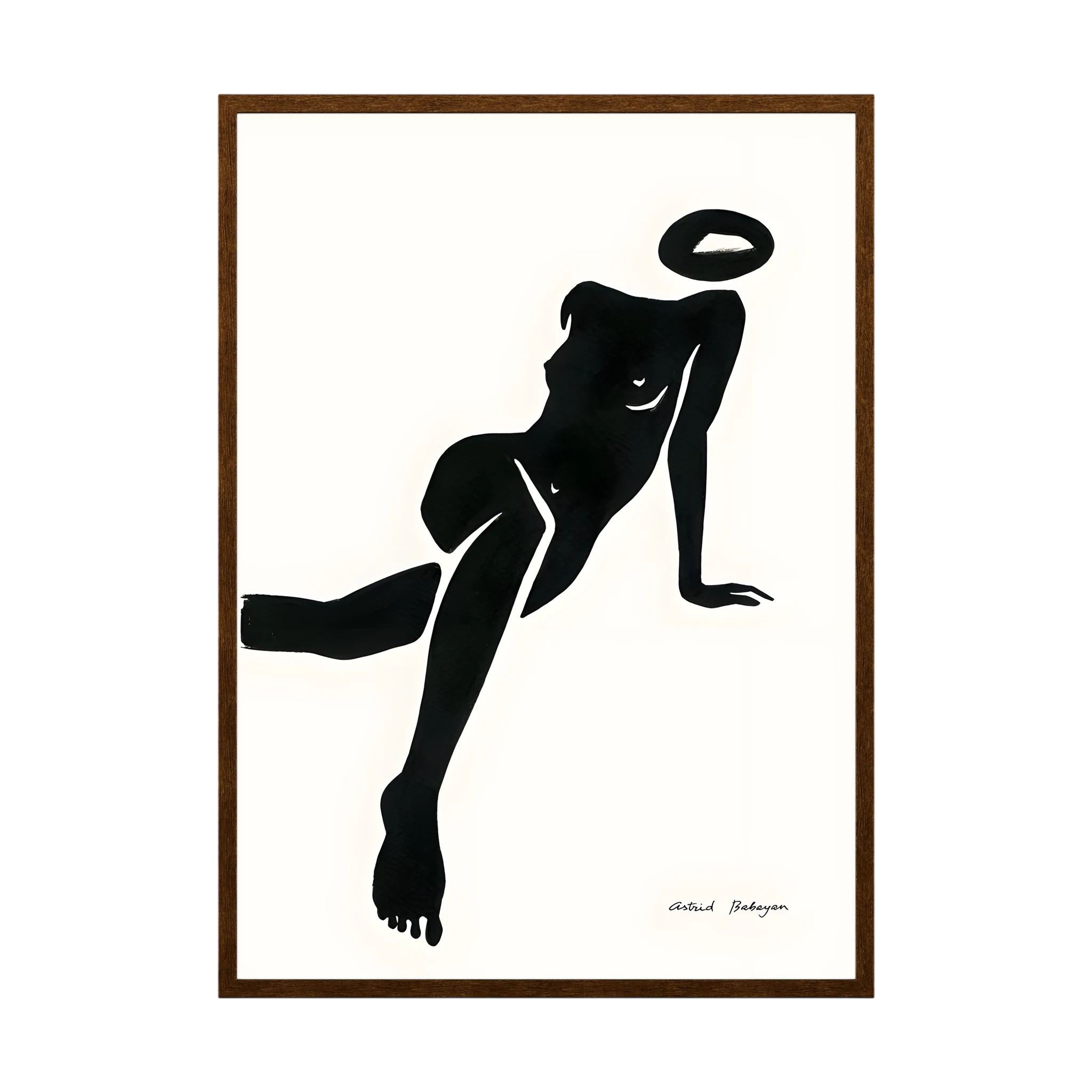 Black minimalist silhouette of a seated woman with a floating halo on a cream background.