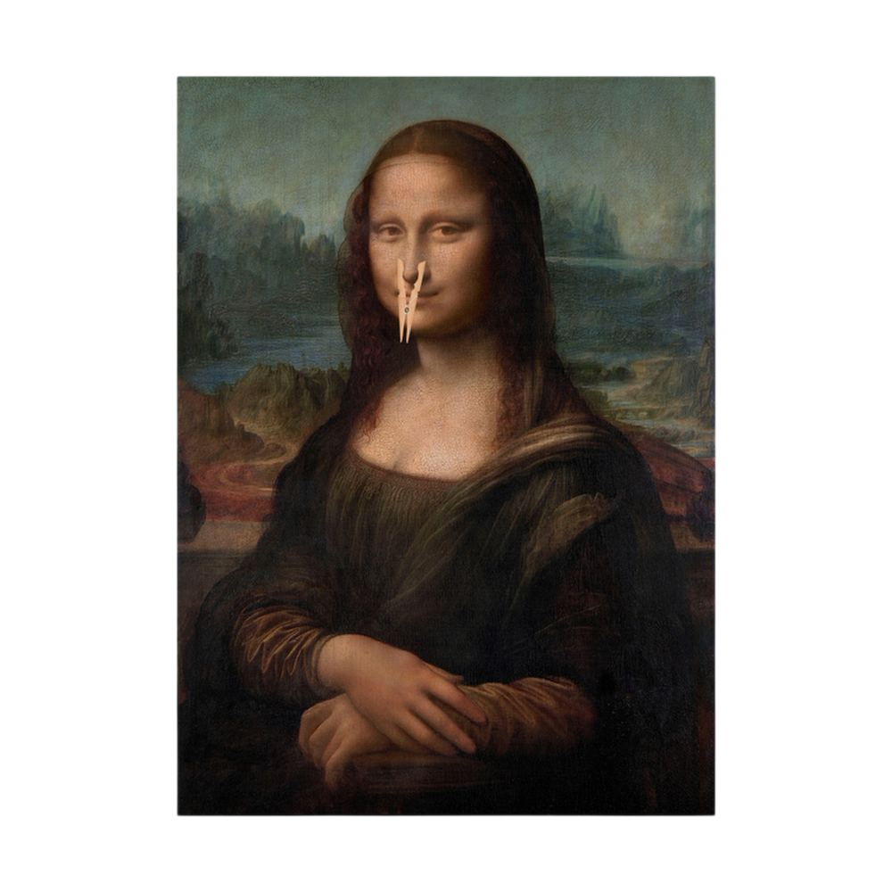 Mona Lisa parody with a clothes peg on her nose.
