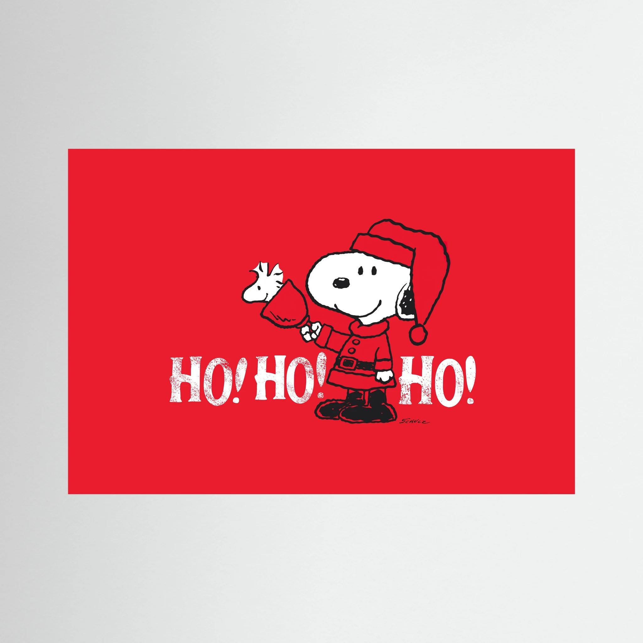 Cartoon beagle in a Santa outfit holds a small bird above distressed white ho ho ho lettering on red, shown in product view 3.