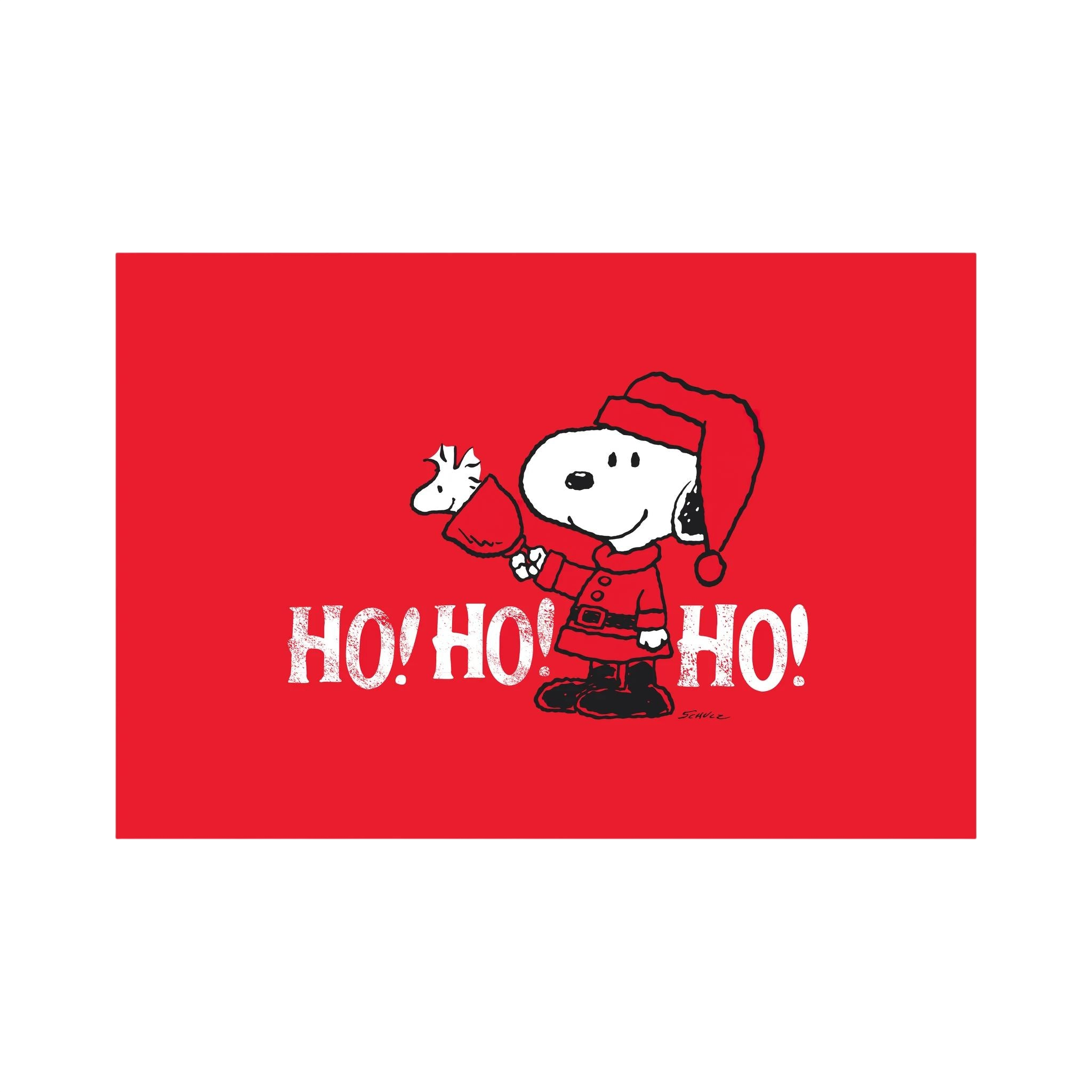 Cartoon beagle in a Santa outfit holds a small bird above distressed white ho ho ho lettering on red, shown in product view 3.