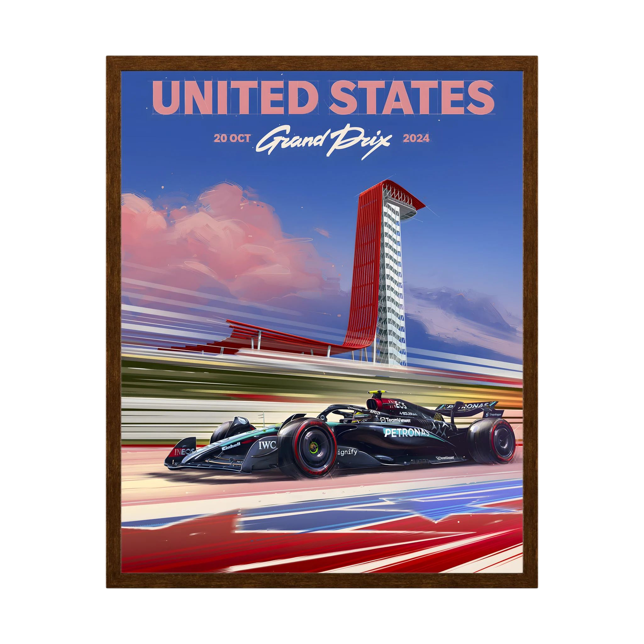 United States Grand Prix racing poster with Formula One car and Austin circuit tower.