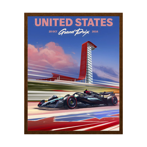 United States Grand Prix racing poster with Formula One car and Austin circuit tower.