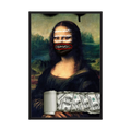 Mona Lisa wears a black mask marked classic above a torn collage of banknotes and crossed-out labels, shown in product view 3.