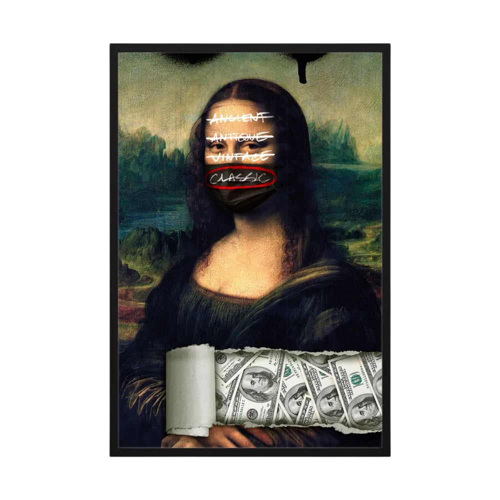 Mona Lisa wears a black mask marked classic above a torn collage of banknotes and crossed-out labels, shown in product view 3.