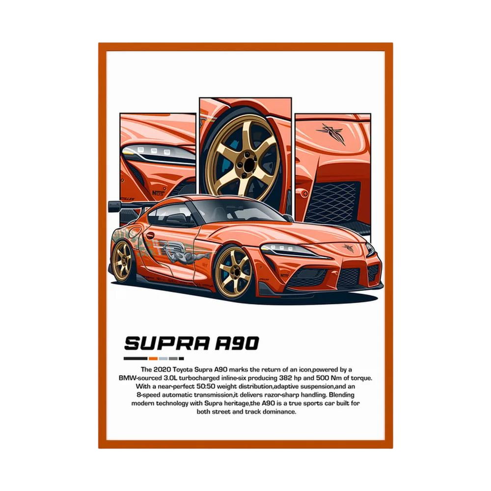 Copper-orange Toyota Supra A90 illustration with gold wheels and close-up body panels.