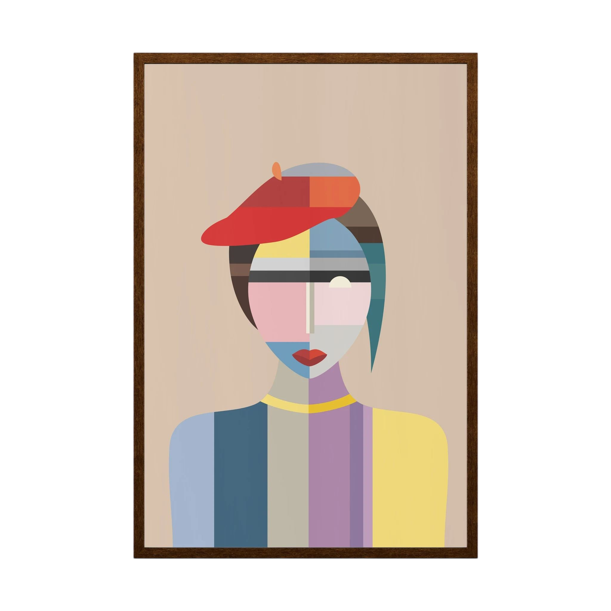 Faceted portrait of a woman in a red beret, composed from soft blue, lavender, beige and yellow blocks, shown in product view 3.