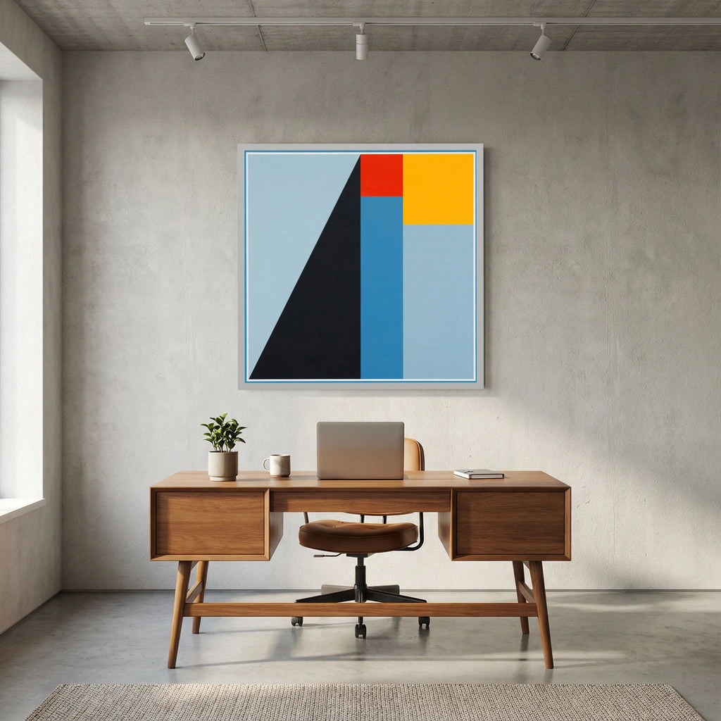 Pale blue, navy, yellow and red geometric planes form a strong ascending abstract composition, shown in product view 7.