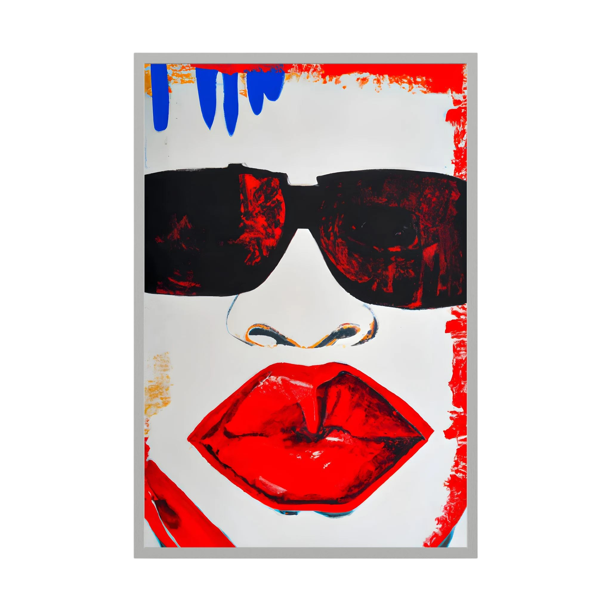 Graphic close-up of black sunglasses, a stylised nose and vivid red lips with expressive painted edges, shown in product view 4.