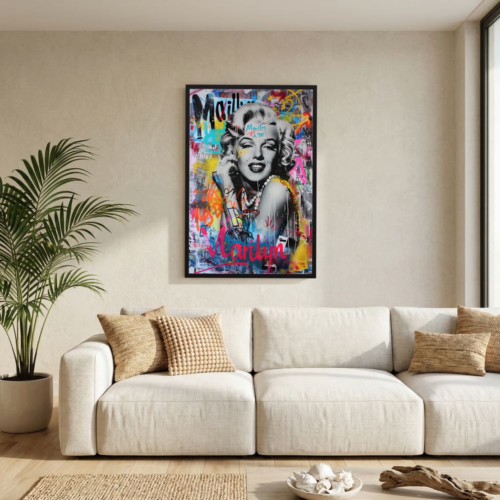 Alternative size view of colourful pop art female portrait with urban-style layers, shown unframed.
