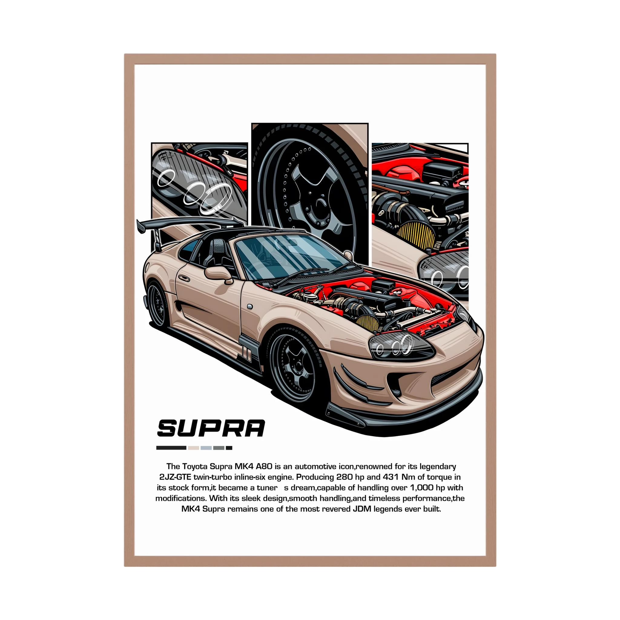 Beige Toyota Supra MK4 illustration with exposed engine and close-up component panels.