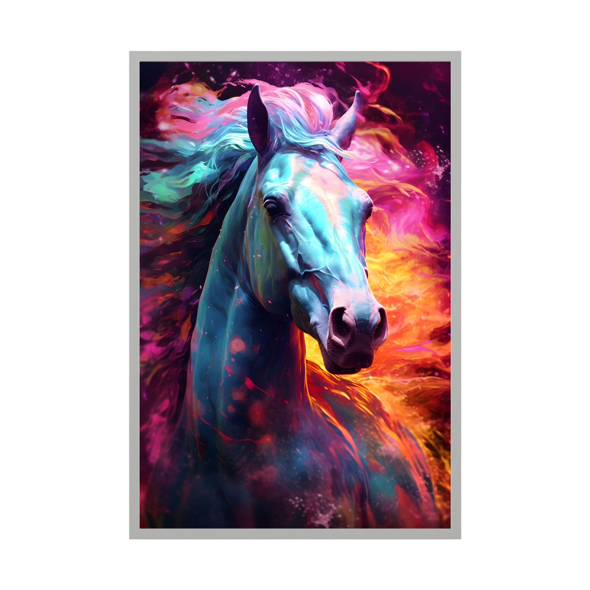 Colourful white horse portrait with blue, pink and orange painterly light.