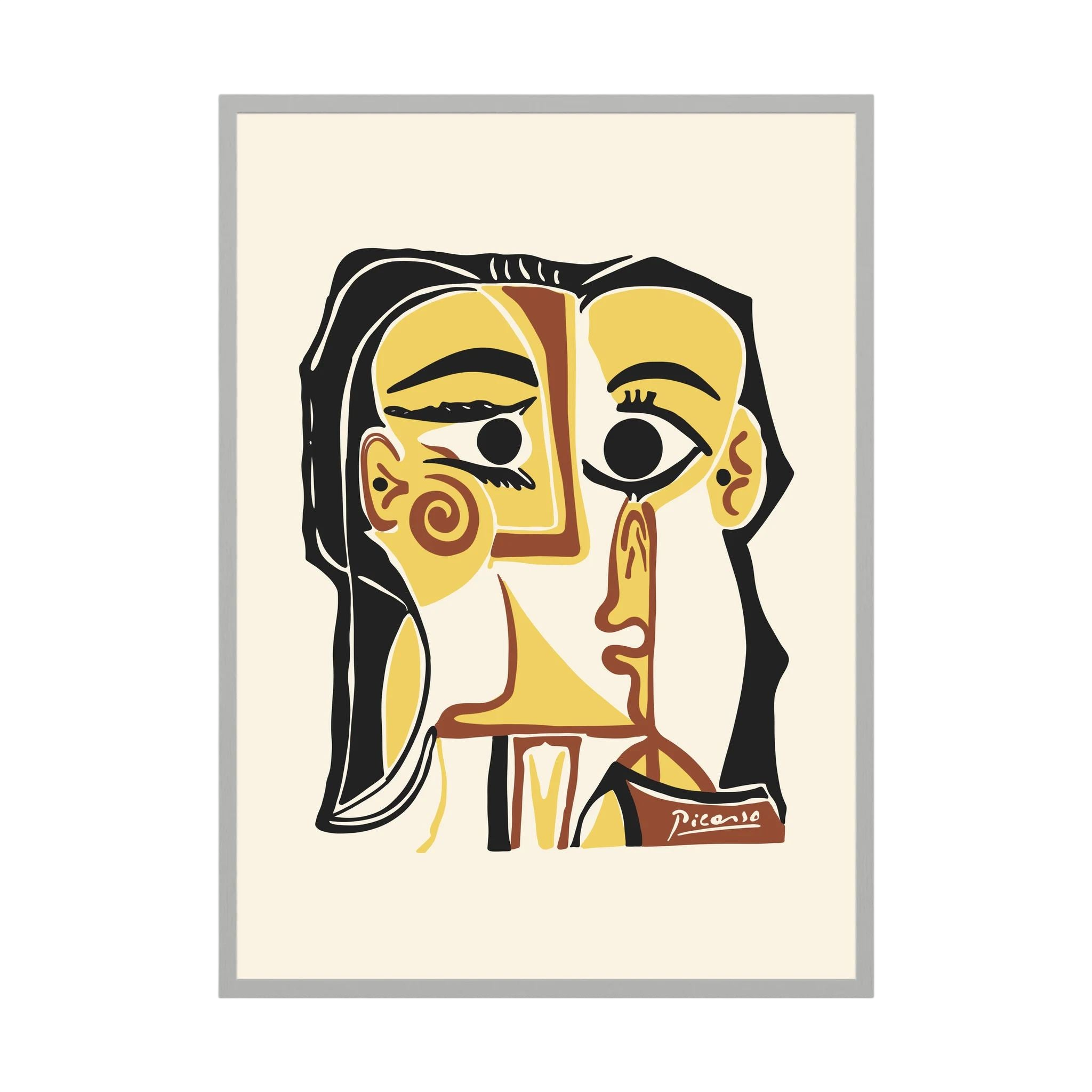 Stylised cubist portrait in golden yellow, cream, brown and black with oversized expressive eyes.