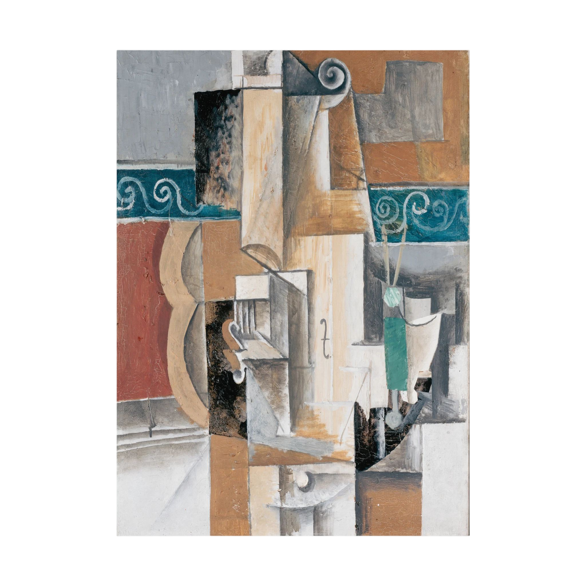 Layered cubist fragments in teal, terracotta, grey and cream include architectural blocks and curling motifs.
