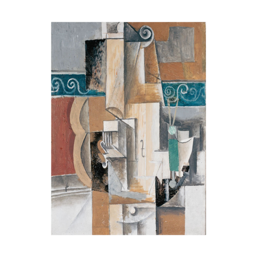Layered cubist fragments in teal, terracotta, grey and cream include architectural blocks and curling motifs.