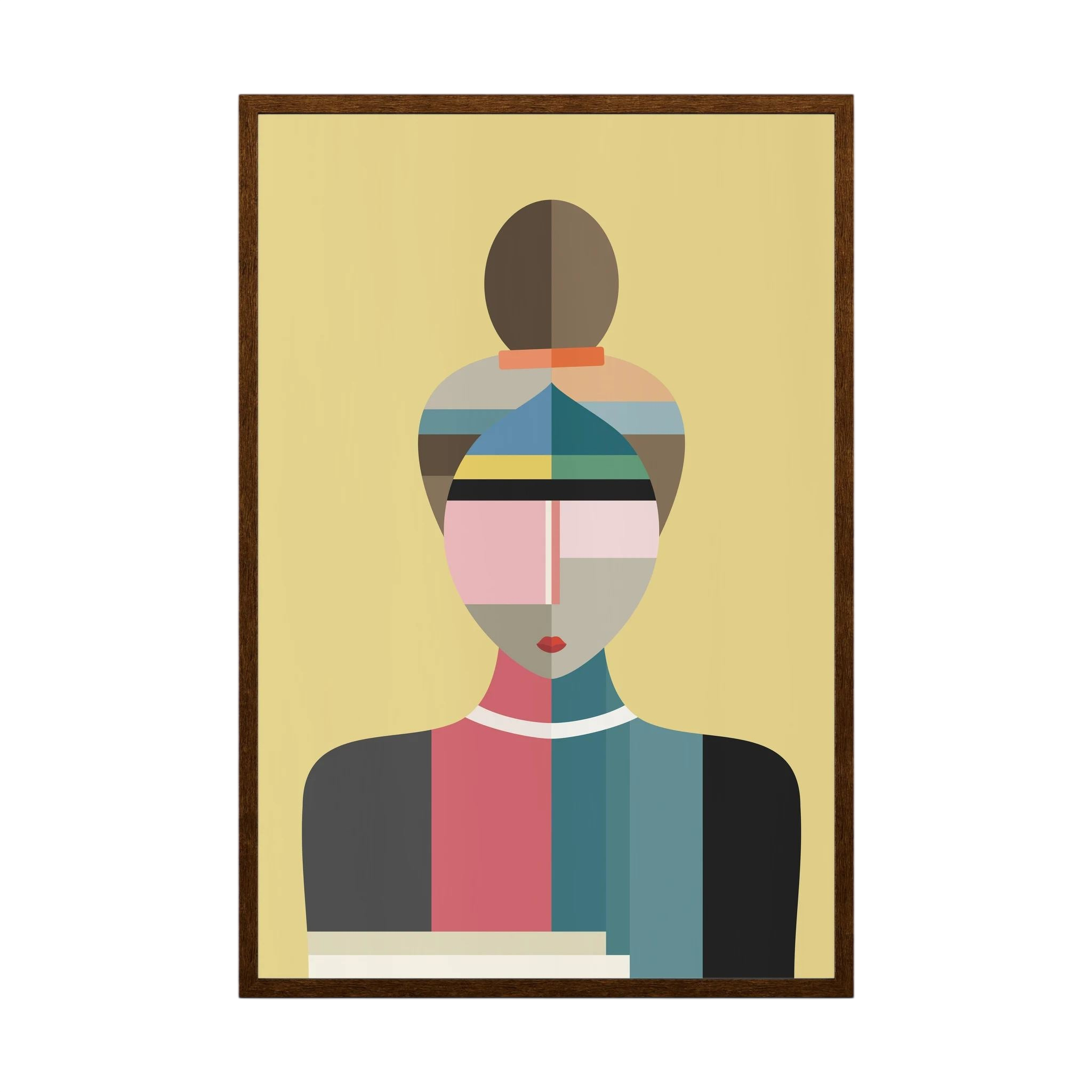 Faceted portrait of a woman with a high bun in muted teal, pink, yellow and charcoal, shown in product view 3.